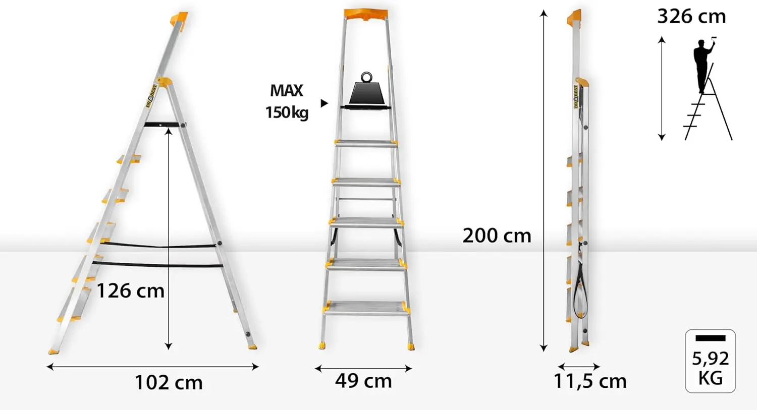 Scala pieghevole in alluminio a 6 gradini, robusta con ripiano, gradini antiscivolo larghi 120mm. Adatto per casa e lavoro, carico massimo 150kg. (128