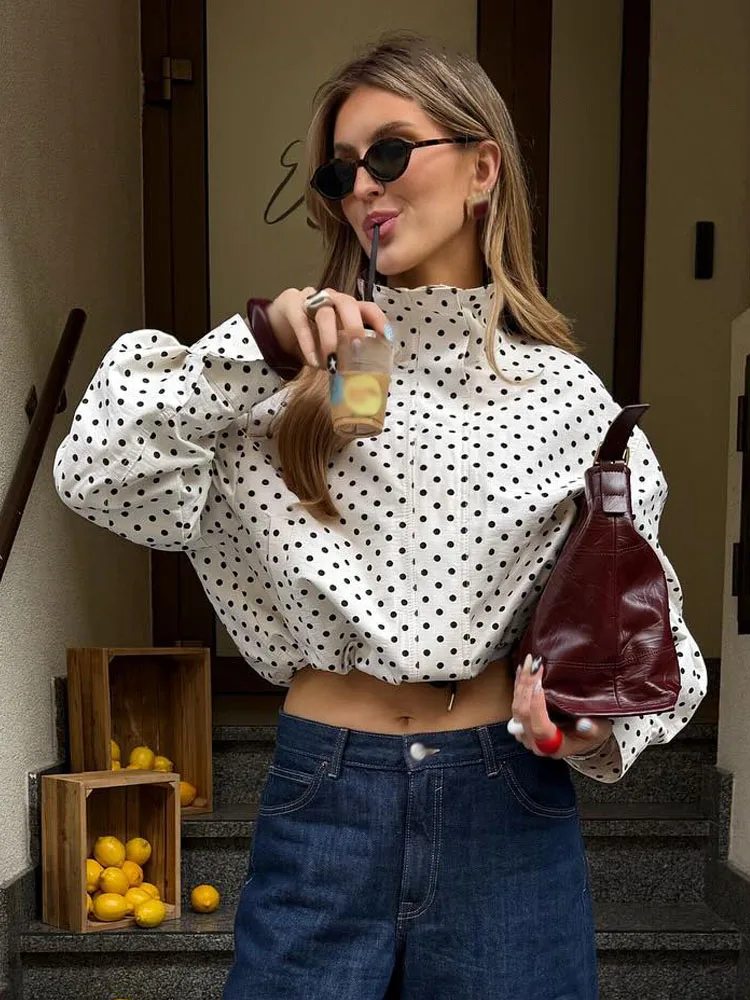 HH Mulher Outono Mangas Compridas Gola Alta Zíper Com Bolsos Cordão Casacos Casuais Mulheres Moda Polka Dot Impresso Jaqueta