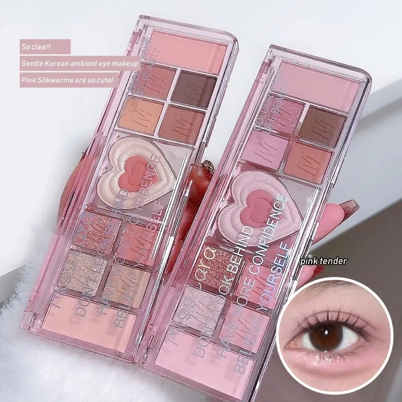 Paleta de sombra de ojos rosa con corazón de amor, 12 colores, tono fresco Natural, paleta de sombra de ojos mate de baja saturación, maquillaje cosmético marrón coreano