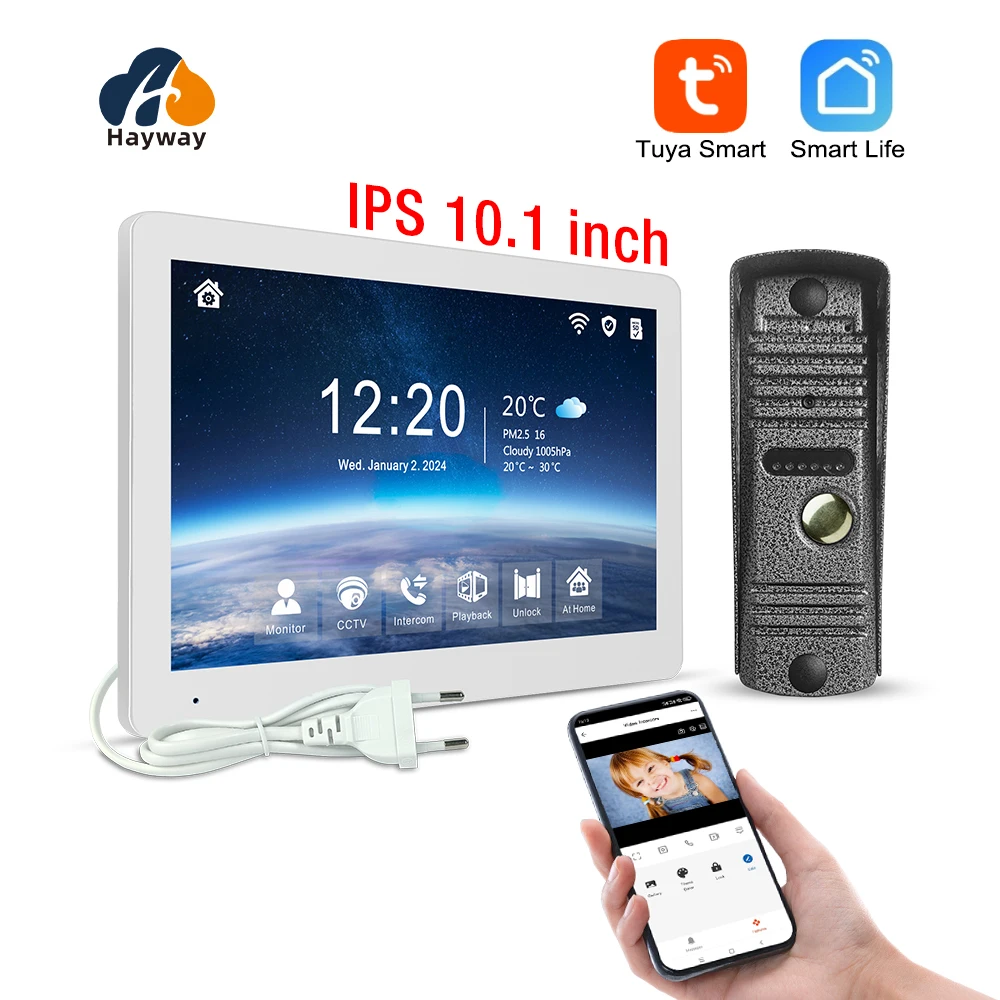 Hayway Tuya Draadloze video-intercomkit 10 "IPS Volledig touchscreen 1080P-camera met mobiele detectie Ondersteuning ontgrendelen met één toets