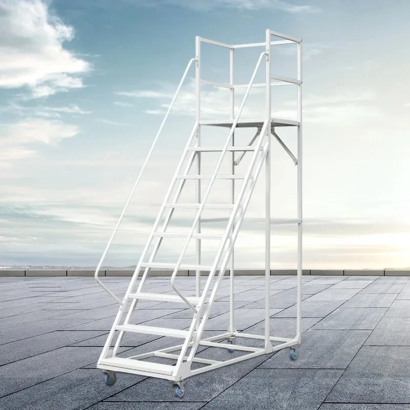 Warehouse Portable Rolling Mobile Work Platform Cold-rolled Steel Ladder with Handrail Steel Ladder Industrial Ladder