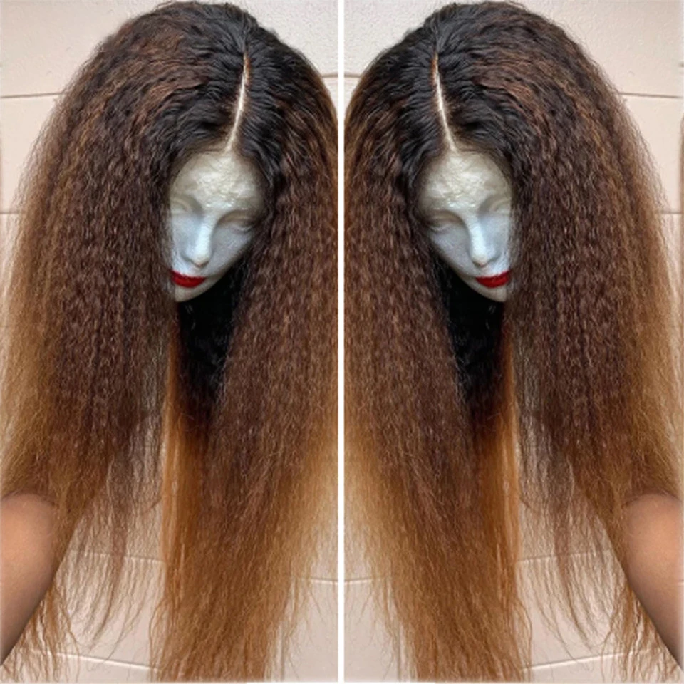 Suave Yaki 26 ”largo degradado marrón Rubio rizado recto 180 densidad peluca con malla frontal profunda para mujeres negras pelo de bebé sintético prearrancado