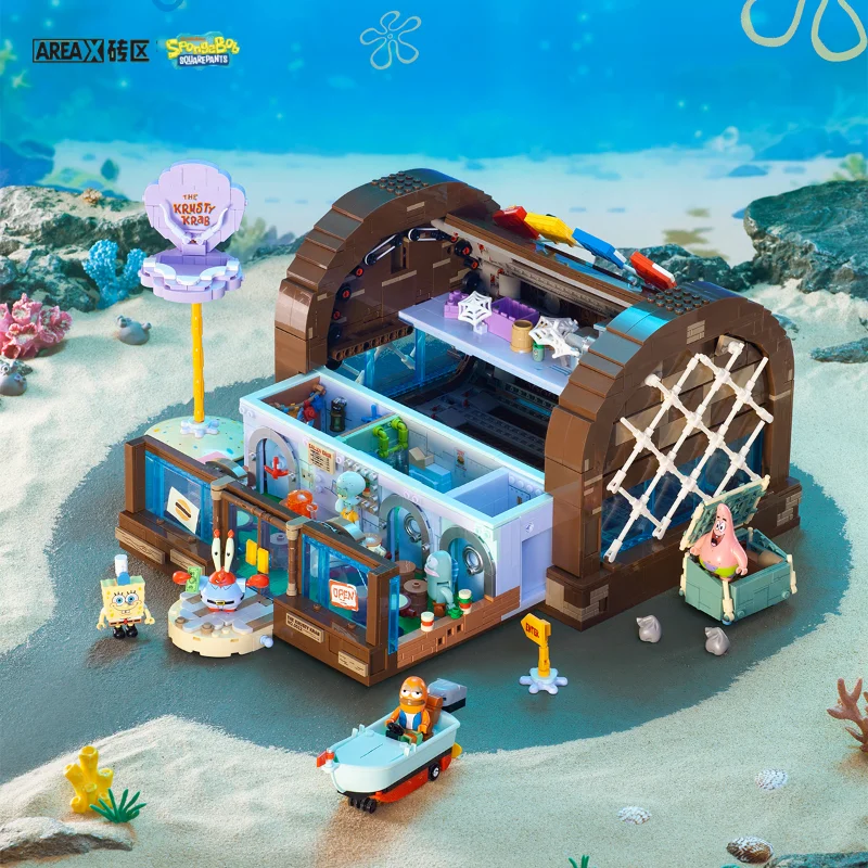 Bloc de construction Bob l'éponge, dessin animé Krusty Krab, modèle de scène de restaurant créatif, jouet d'assemblage Patrick Star, cadeau d'anniversaire pour enfants