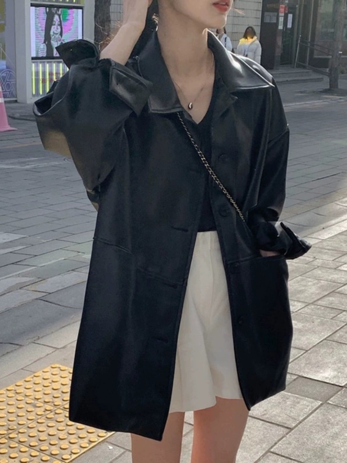 Chic Summer PU Leather Jacket Women's Loose Long Sleeve Polo Collar Single Button Casual Versatile Outerwear Fashionable