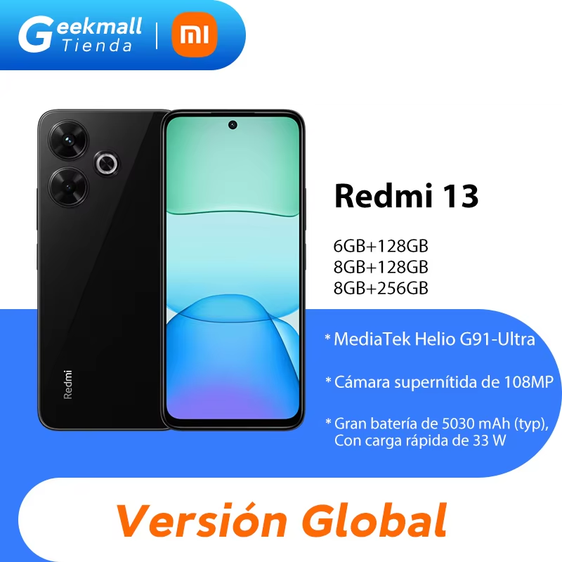 Xiaomi Redmi 13, Teléfonos inteligentes, MediaTek Helio G91-Ultra, Cámara de 108MP, 5030mAh, Carga rápida de 33W, Pantalla de 90Hz, Versión Global