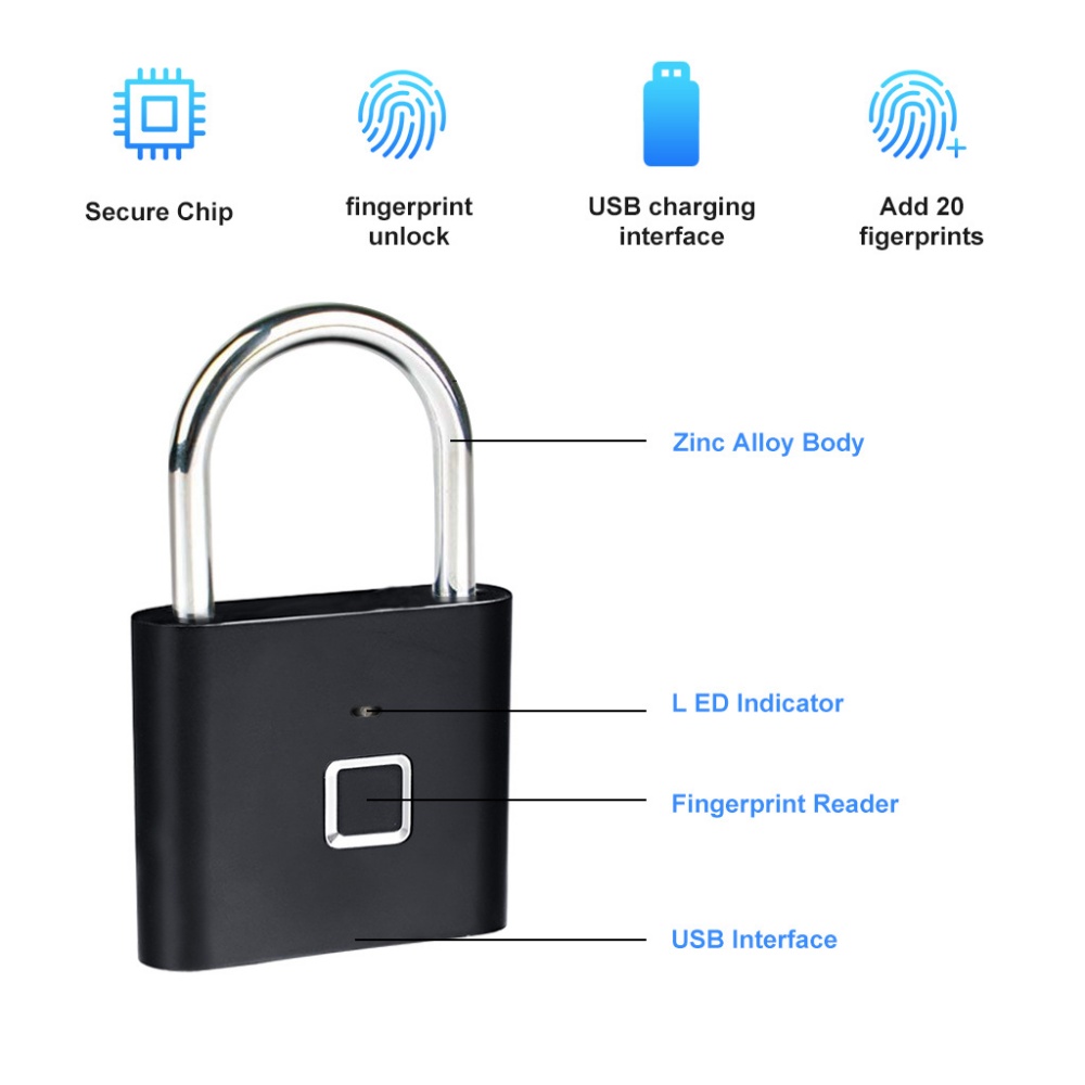 Keyless Smart USB Opladen Vingerafdrukslot Slim hangslot Waterdicht deurslot 0,3 sec Ontgrendel draagbaar antidiefstalhangslot Zink