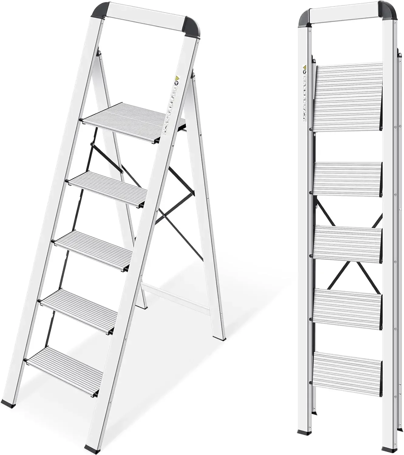 KINGRACK Escalera de Tijera 5 peldaños Plegable de Aluminio, Escalera Doméstica Estrecha con Pasamanos, Mecanismo Antiplegado, U