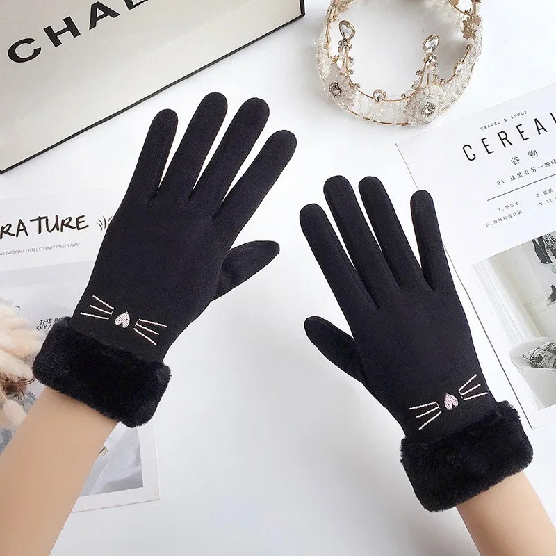 ฤดูหนาวหญิงแคชเมียร์หนังนิ่มหนังขี่จักรยาน Mittens คู่กํามะหยี่หนา Plush นาฬิกาข้อมือผู้หญิงหน้าจอสัมผัสถุงมือขับรถ
