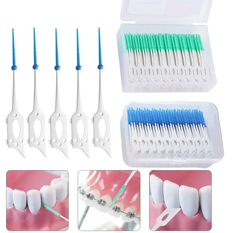 Cepillos interdentales de silicona, 200 unidades, palillos dentales, cepillo entre los dientes, palillos de silicona con hilo, limpieza bucal