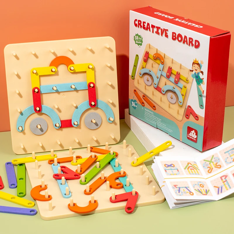 Crianças brinquedos de madeira placa criativa placa de unhas conjunto coluna geométrica construção quebra-cabeça geométrico pegboard montessori sensorial