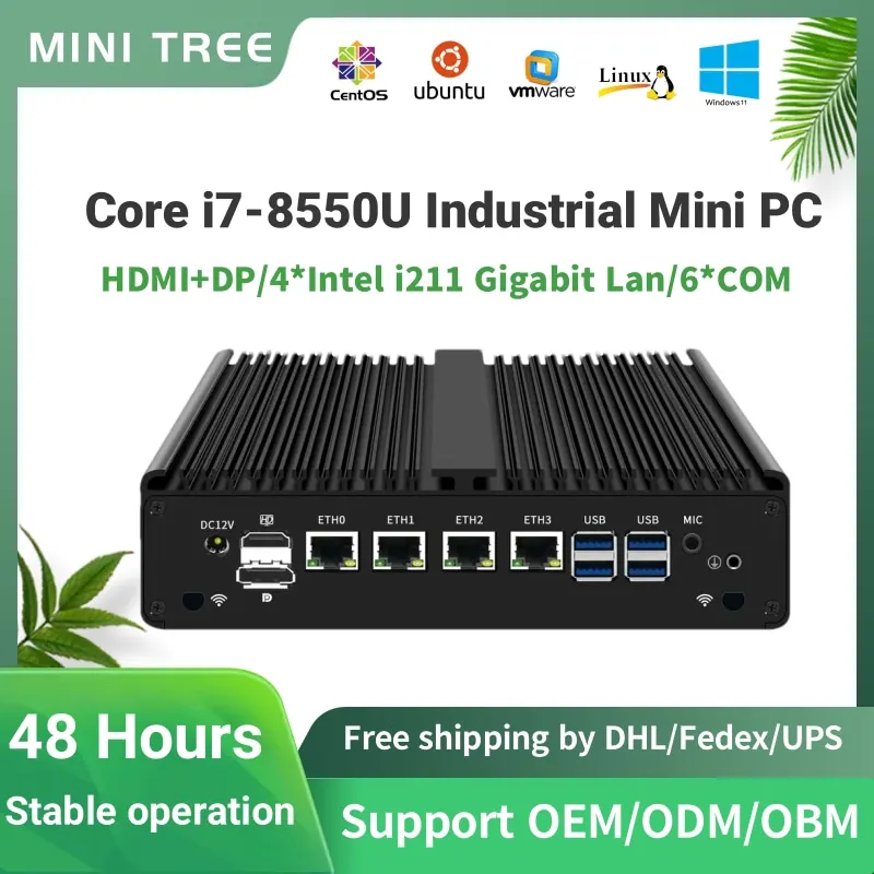 Intel Core i7-8550U i3-7100U Бевентиляторный встроенный промышленный ПК 6 * RS232 COM 4G SIM 4Lan Мини-маршрутизатор Firewall Четырехъядерный Ubuntu 8G RAM