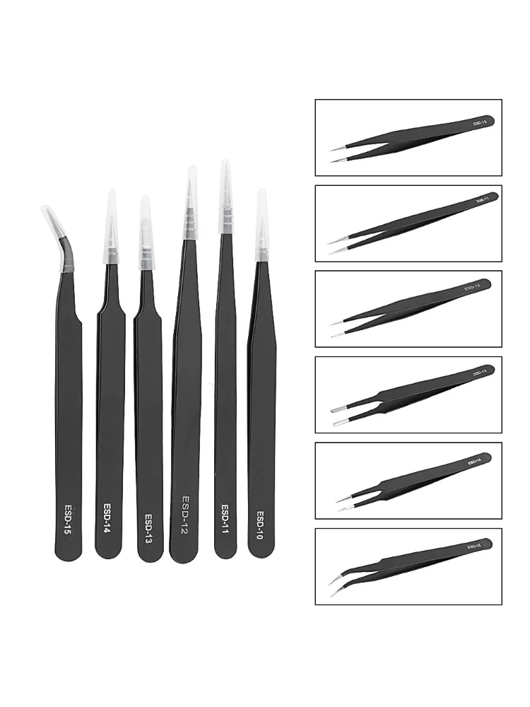 Conjunto de pinças de precisão esd, 6 peças, antiestáticas, aço inoxidável, ferramentas de reparo para reparo eletrônico, ferramentas artesanais de solda