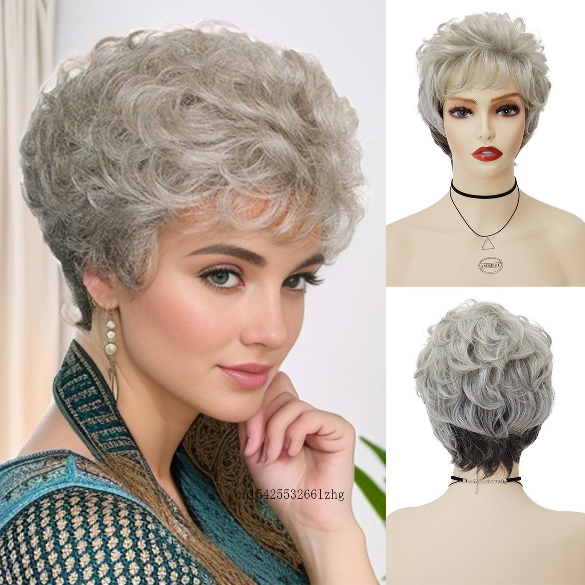 GNIMEGIL-peluca gris para mujer, corte de pelo sintético Natural en capas, peluca corta y rizada con flequillo, peluca de abuela para ancianos, Cosplay