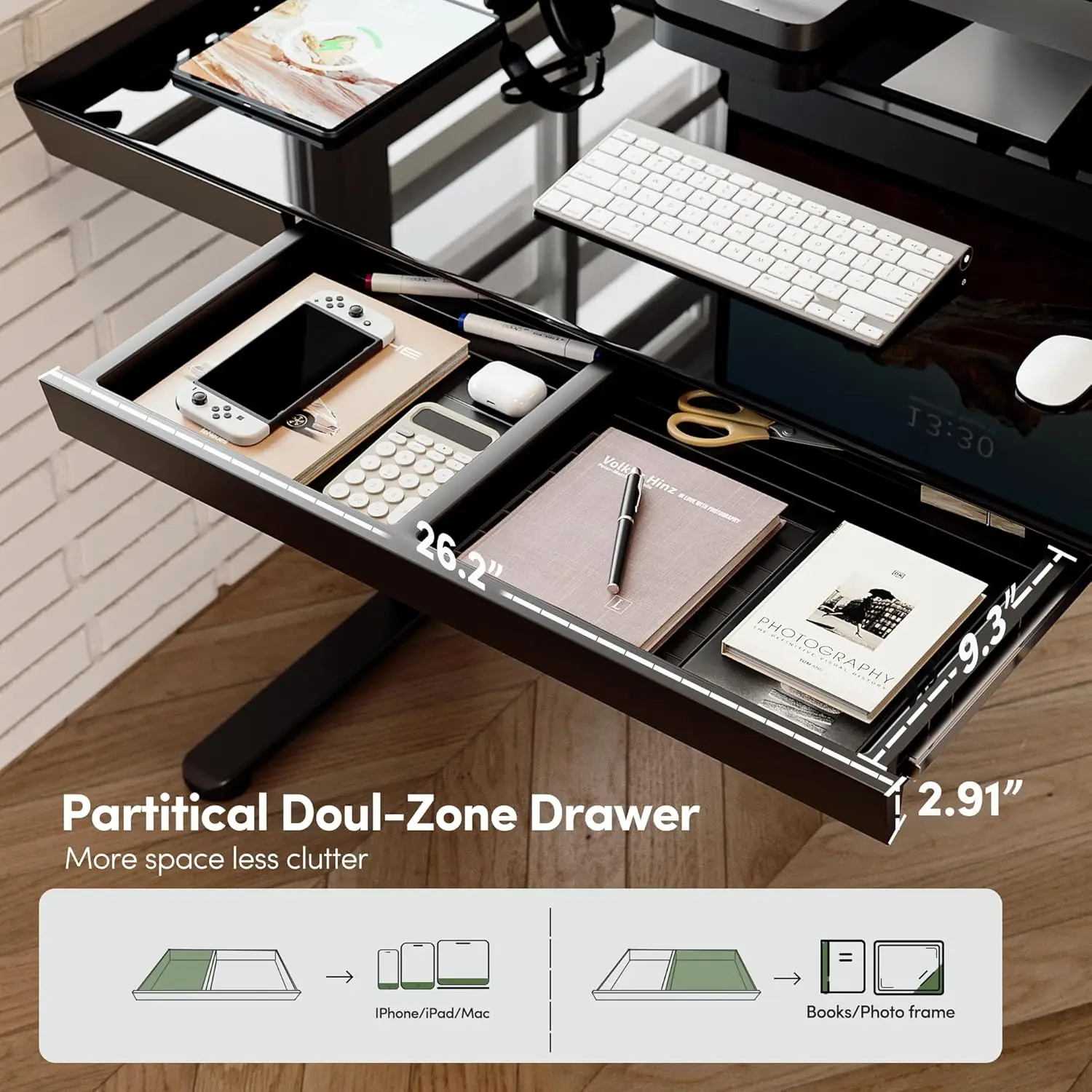 Electric Standing Desk with Drawers, 55 inch Whole-Piece Glass Desktop, Height Adjustable Stand up Sit Stand Home Office