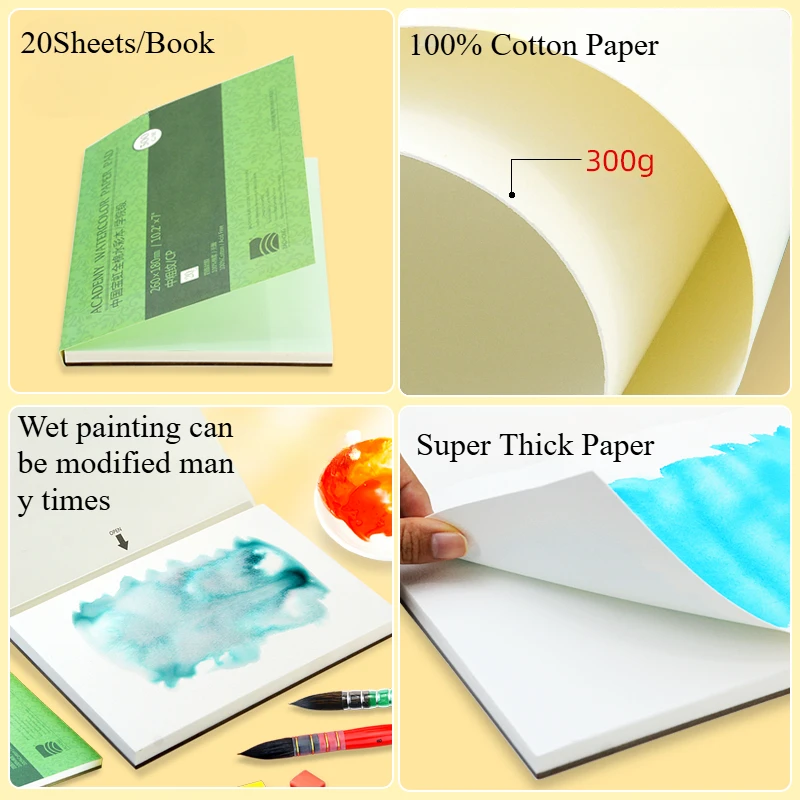 Baohong Academy Watercolor Pad 20 Sheets Glue Bound Acid-Free 300G 140LB Paper Wet/Dry Media for Beginners Artists Professionals