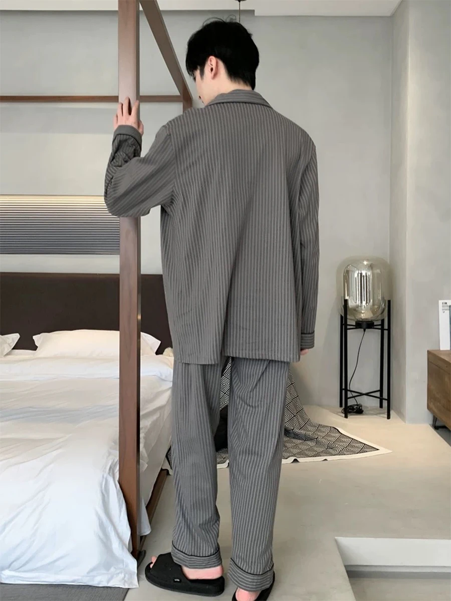 Pyjamas Frühling und Herbst Herren Langarm Hosen Strickjacke Lose Revers Große Größe Hause Kleidung Frühling Anzug