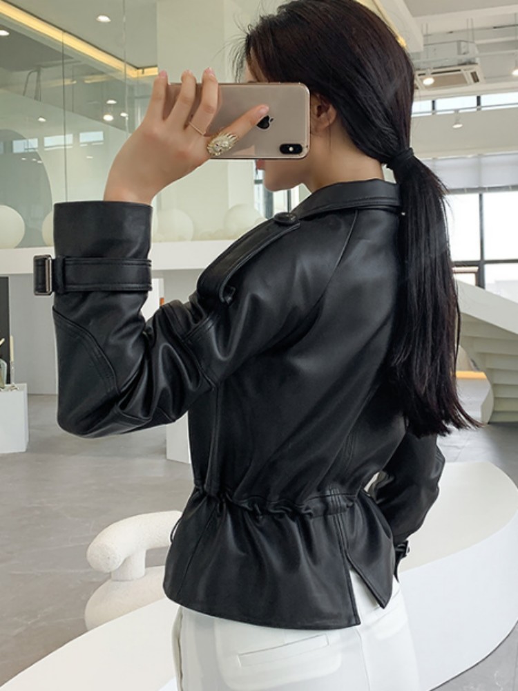 Senhoras do escritório jaqueta de couro genuíno cintura ajustável fino ajuste pele carneiro curto casaco feminino único breasted punk biker outerwear