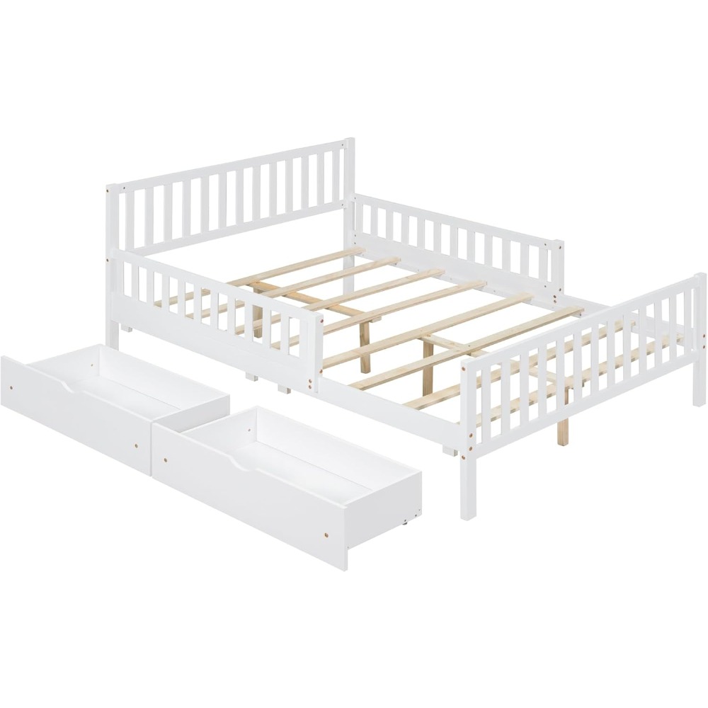Merax Full Bed Frame with Storage Drawers and Safety Guardrails on Both Sides, Wood Platform Bed & Headboard and Footboard for K