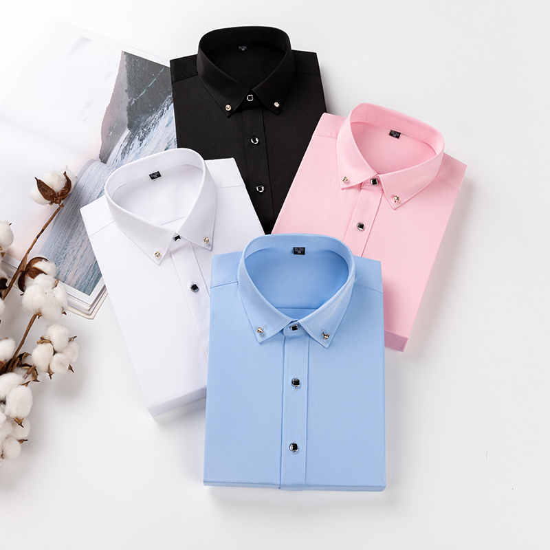 Camisa con botones de diamante para hombre, camisas sociales blancas sin hierro de negocios ajustadas elásticas de Color sólido, blusa, ropa para hombre