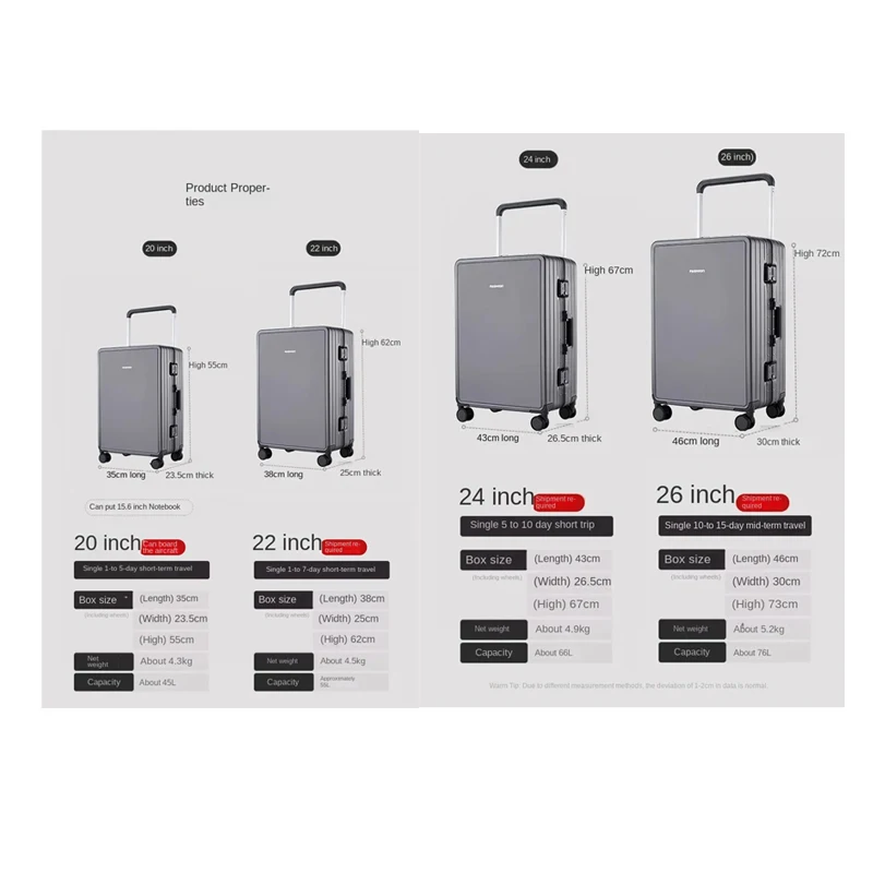 20/22/24/26 Zoll breiter Griff Koffer Mode Gepäckträger Roll Trolley TSA Passwortschloss ABS + PC Aluminiumrahmen