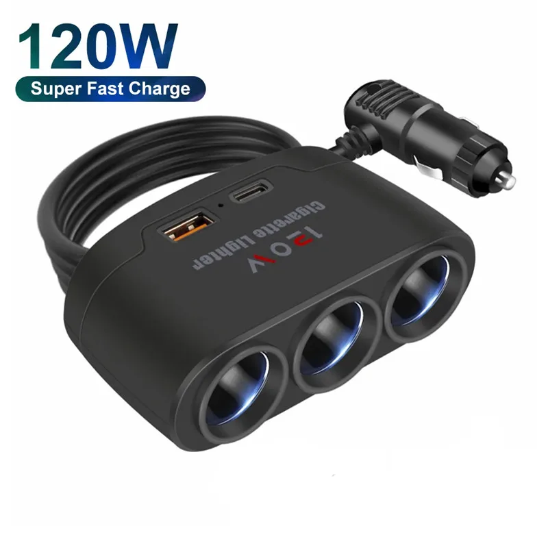 120W Car Charger Cigarette Lighter Adapter Dual USB PD Car Charger Fast Charging Socket Plug Adapter for IPhone GPS Dashcam