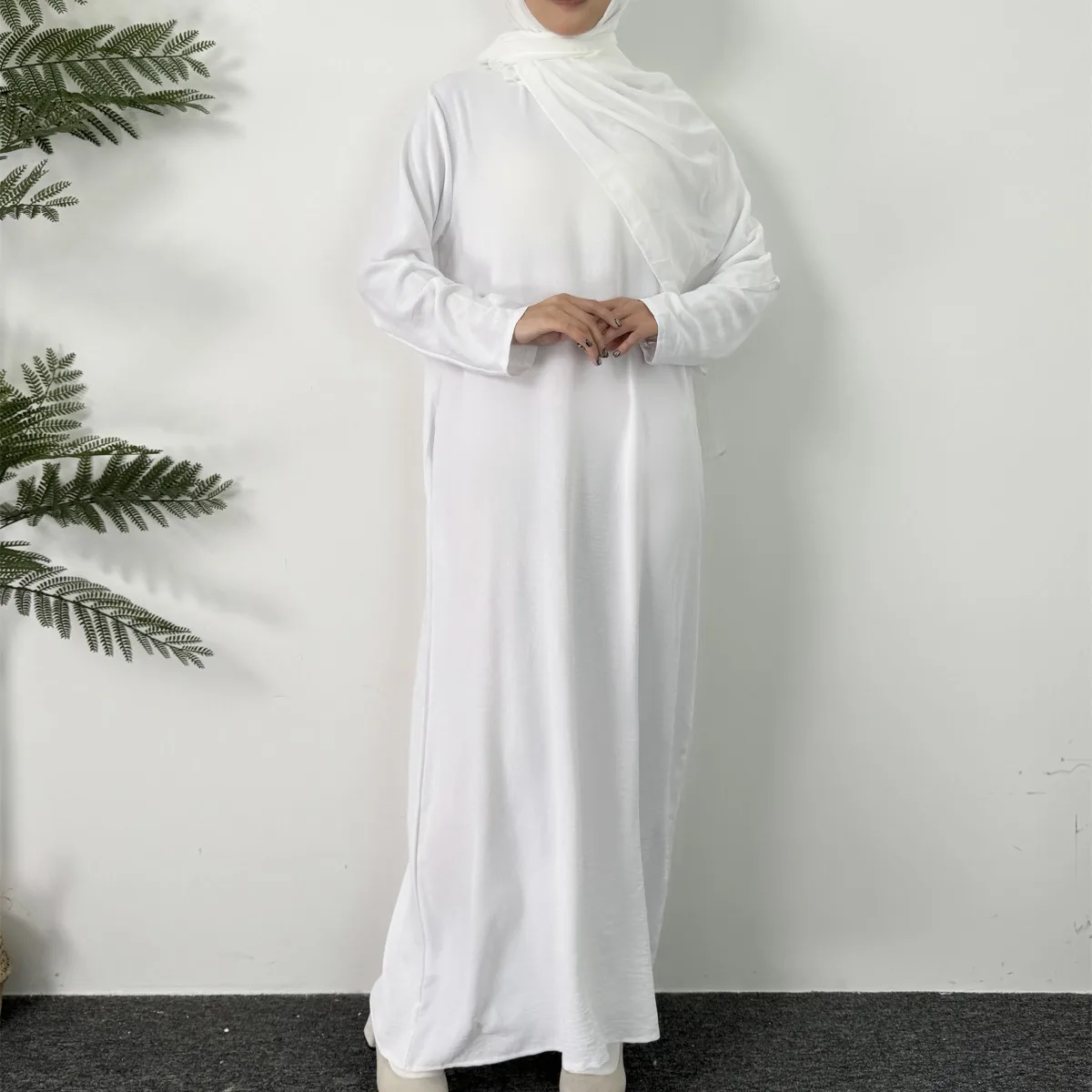 Lange Damenkleider Ramadan-Kaftan mit Rundhalsausschnitt, solides, elegantes, langärmliges muslimisches Abaya-Maxikleid, Damenbekleidung