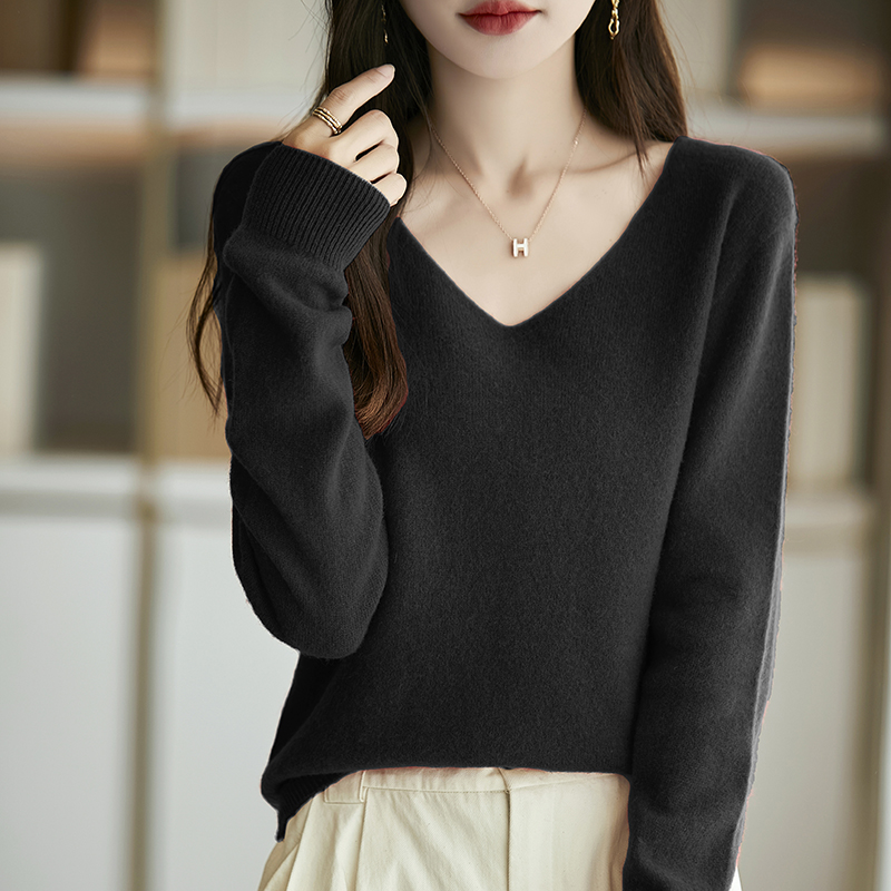 New Women's Wool Sweater V-neck Long Sleeve Pullover Soft 30% Merino Wool Knitwear Spring Autumn Cashmere Chic Tops