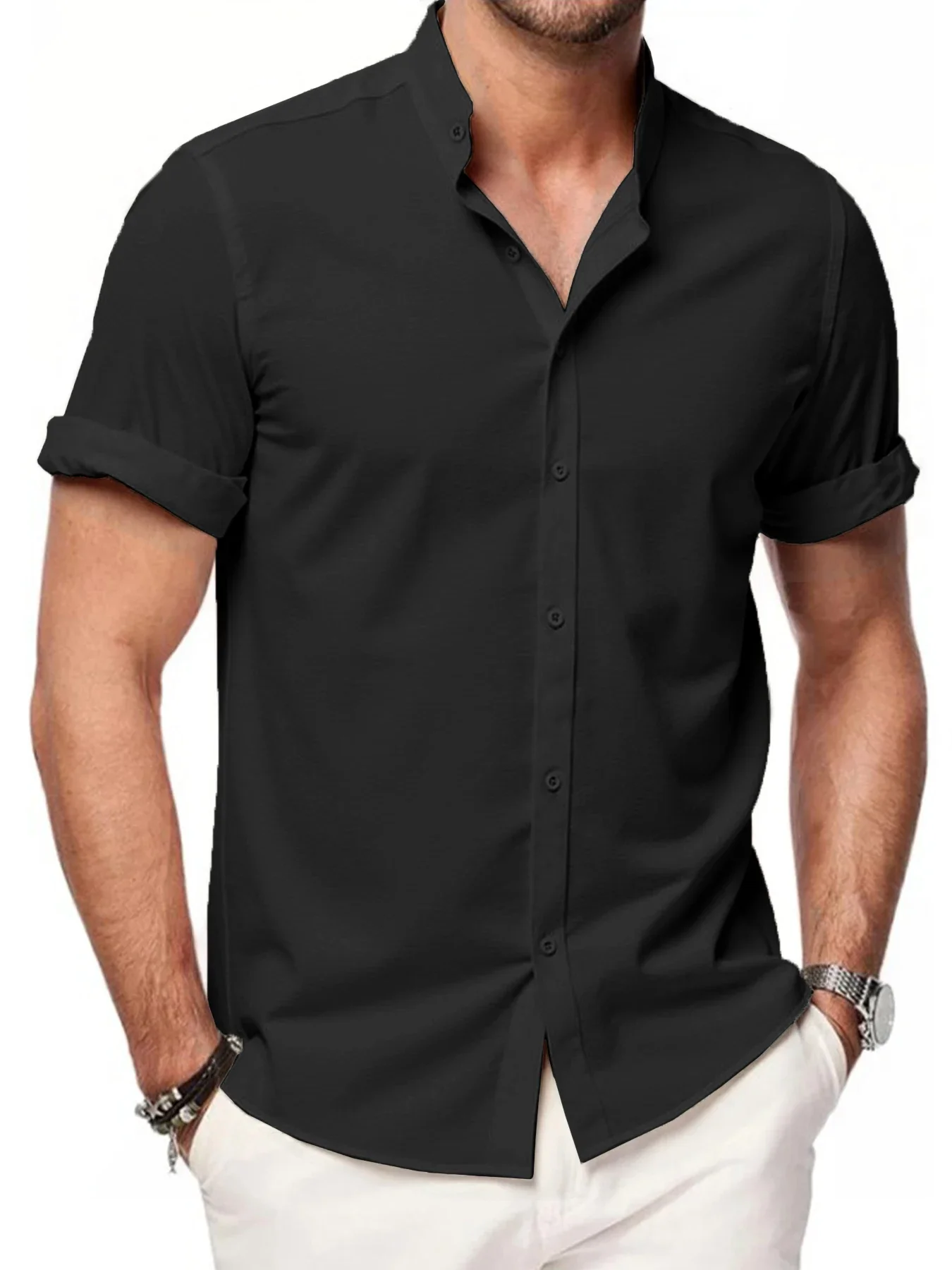 夏のメンズ半袖シャツ、無地スタンドカラーTシャツ、ルーズカジュアルビーチシャツ、通気性のある男性用リネントップス