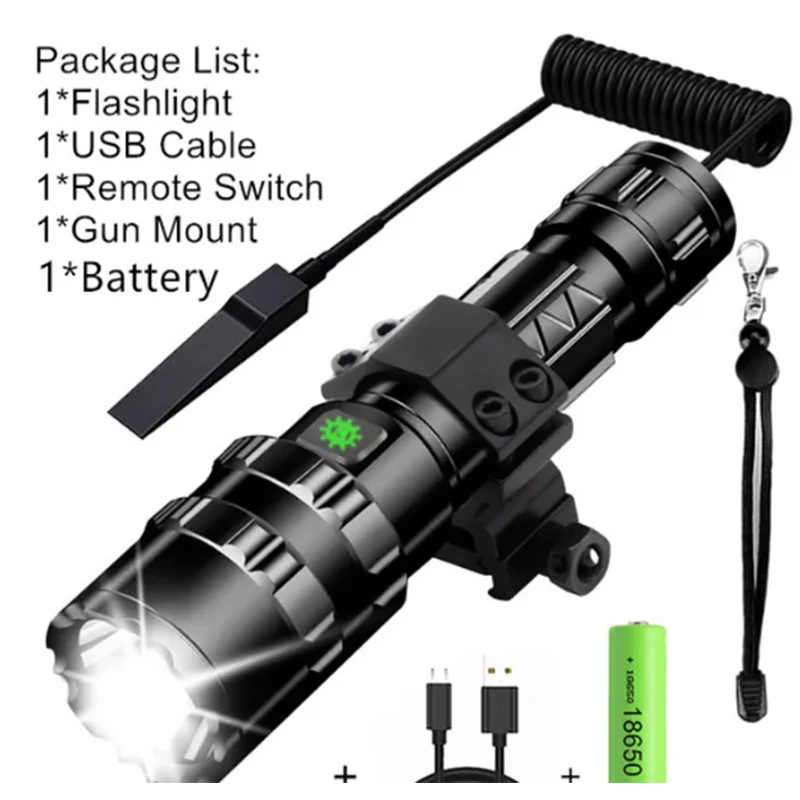 Linterna LED táctica para caza, recargable por USB, resistente al agua, juego de luces de explorador nocturno para tiro profesional