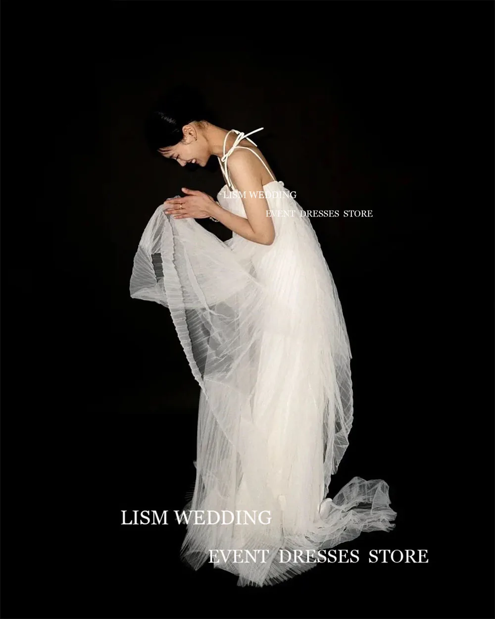 LISM Semplice Tulle A strati Increspature Corea Abito da sposa Spaghetti Strap A-Line Abito formale Abiti da sposa Abito da sposa personalizzato