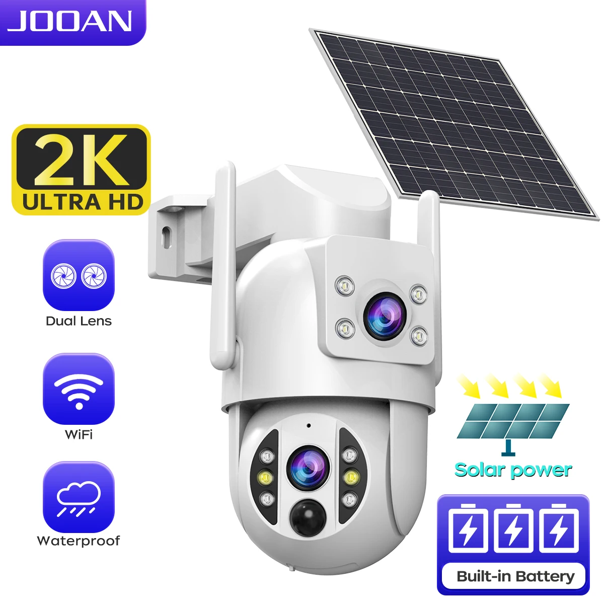 JOOAN-cámara Solar inalámbrica 2K 4K para exteriores, WiFi, lente Dual, batería, IP, detección humana, Audio bidireccional, Monitor CCTV, videovigilancia