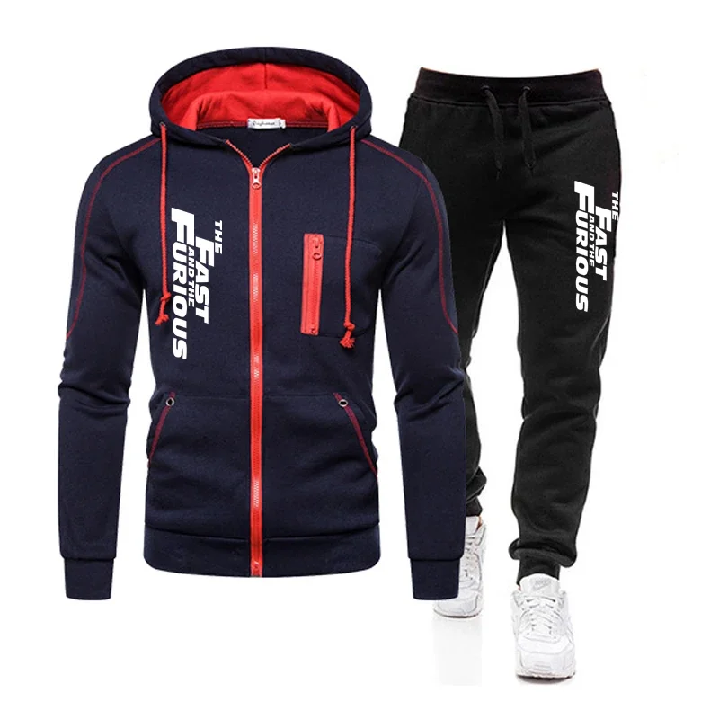 Herbst Winter Beliebter Herren-Trainingsanzug Reißverschluss Kapuzenjacke + Laufhose 2-teiliges Set Fast and Furious Print Freizeitmantel Kleidung