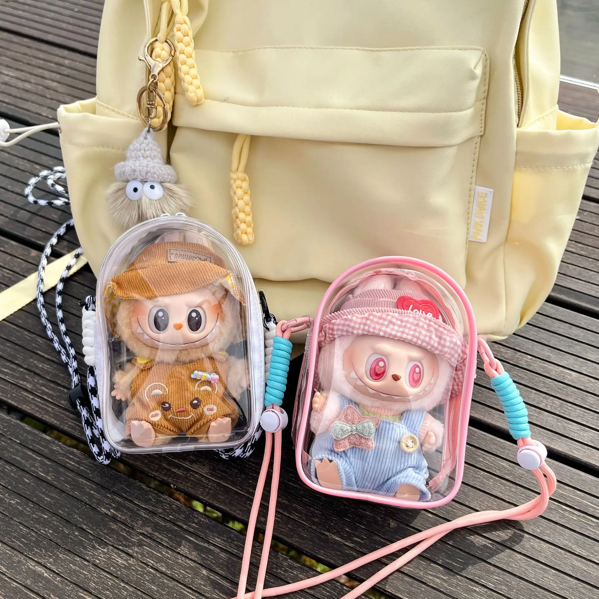 ラブブ座りパーティー15cmぬいぐるみコットン人形肩痛バッグ、ロープ付きPVC収納バッグ、ウォーキングバッグ、防塵、ドールプロテクトケース