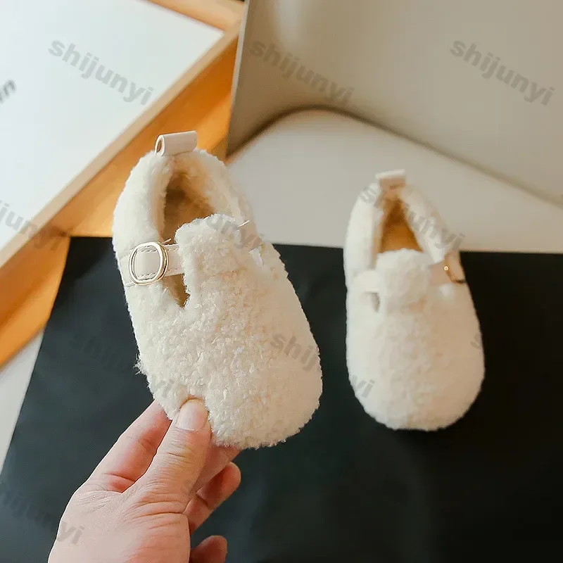 เด็กรองเท้าผ้าฝ้ายอุ่นฤดูหนาวใหม่ชายหญิงแบนขนสัตว์ Toe รองเท้าอุ่นรองเท้าลื่น Comfy Soft Sole รองเท้าแตะ Plush
