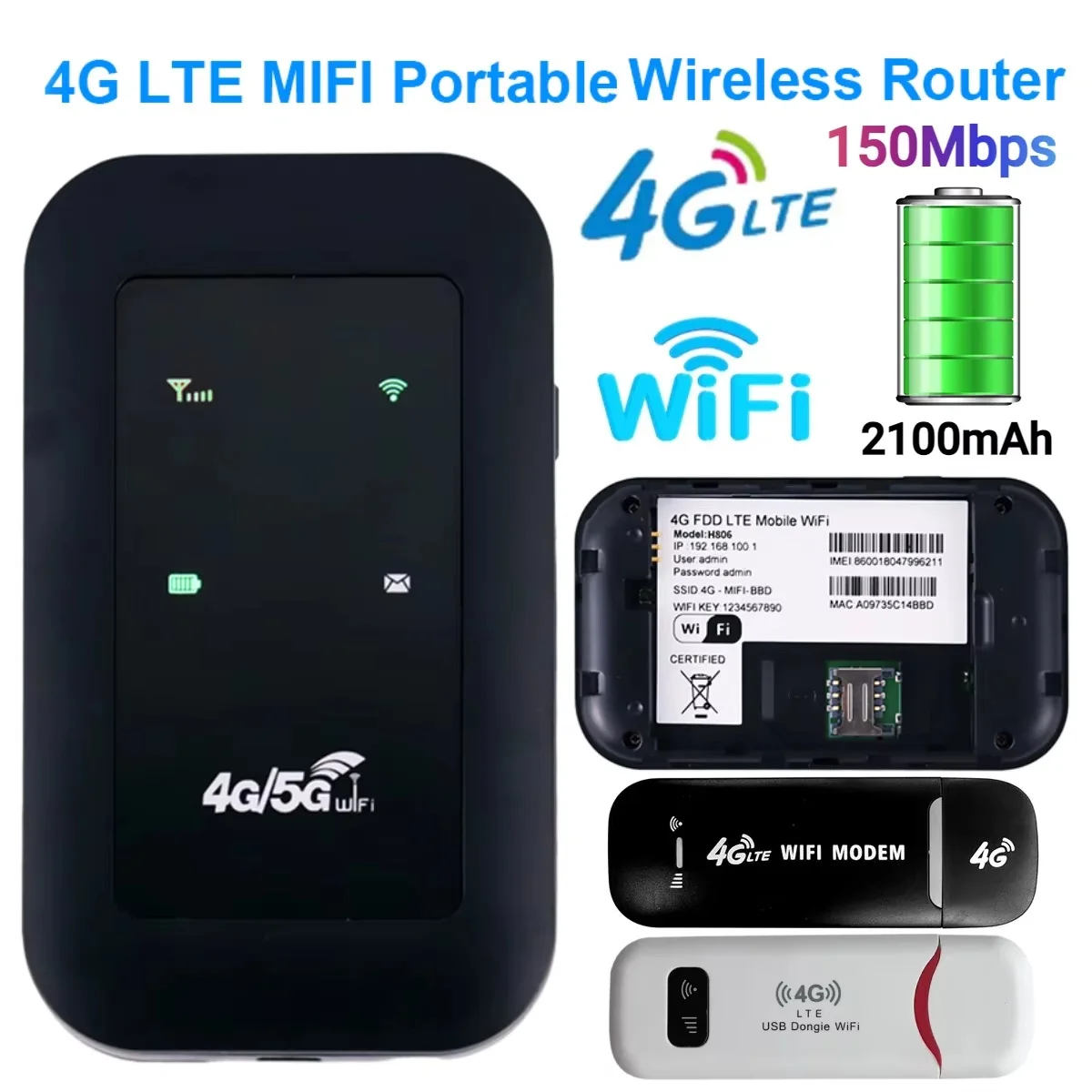 Repetidor WiFi Amplificador de Sinal Expansor de Rede, Mobile Hotspot Pocket, Modem Mifi sem fio, slot para cartão SIM, 4G LTE Router, 150Mbps