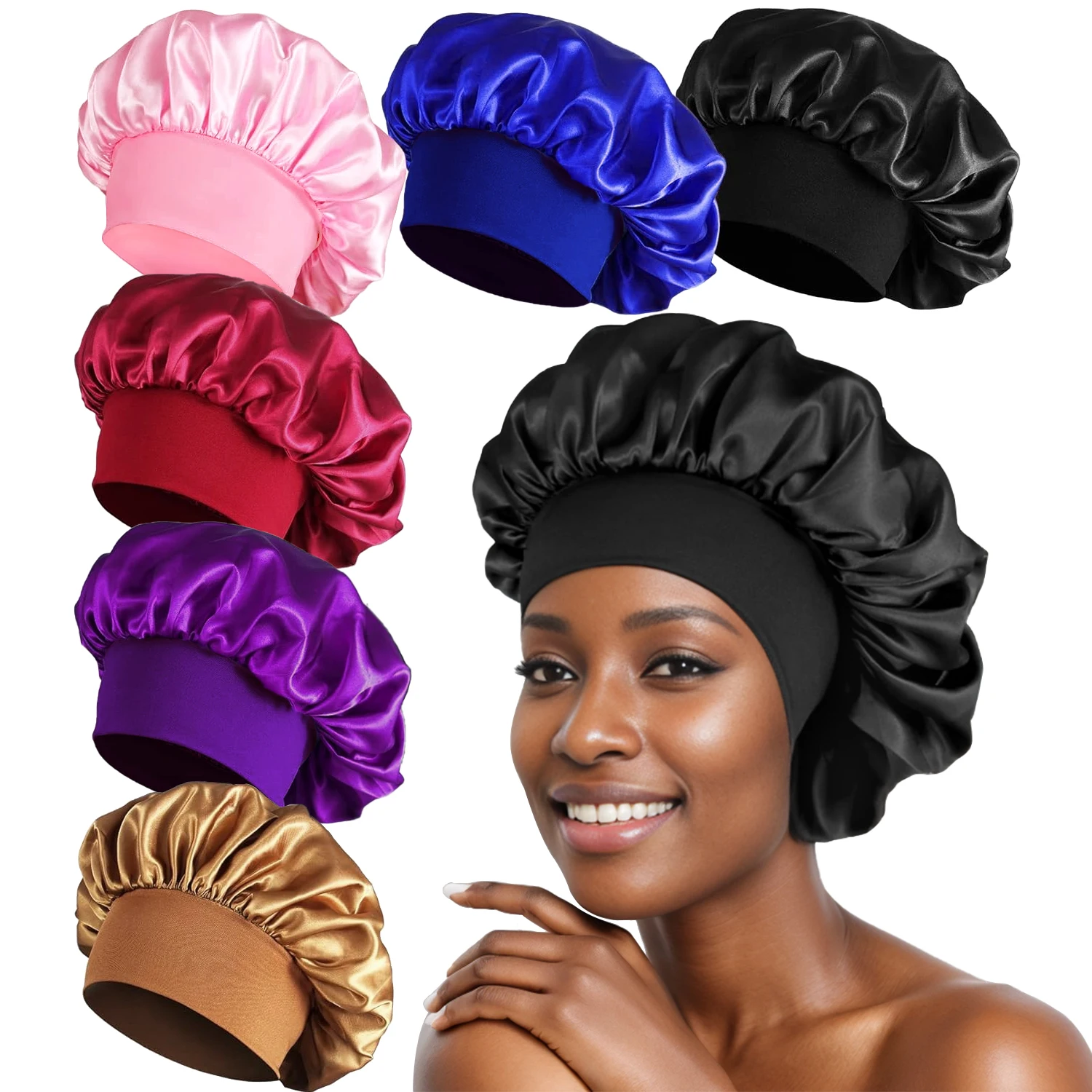 Gorro de satén para dormir, gorros de seda para mujeres negras con banda elástica suave para el cuidado del cabello