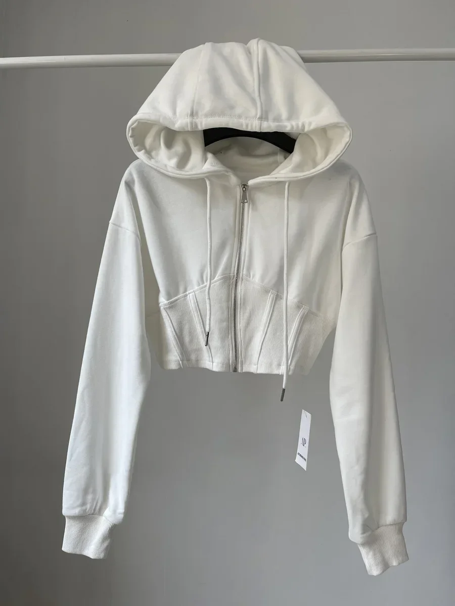 Sudadera corta con capucha para Mujer, abrigo informal con pliegues de cintura delgada y cremallera, Estilo Vintage coreano, Y2k, 2023