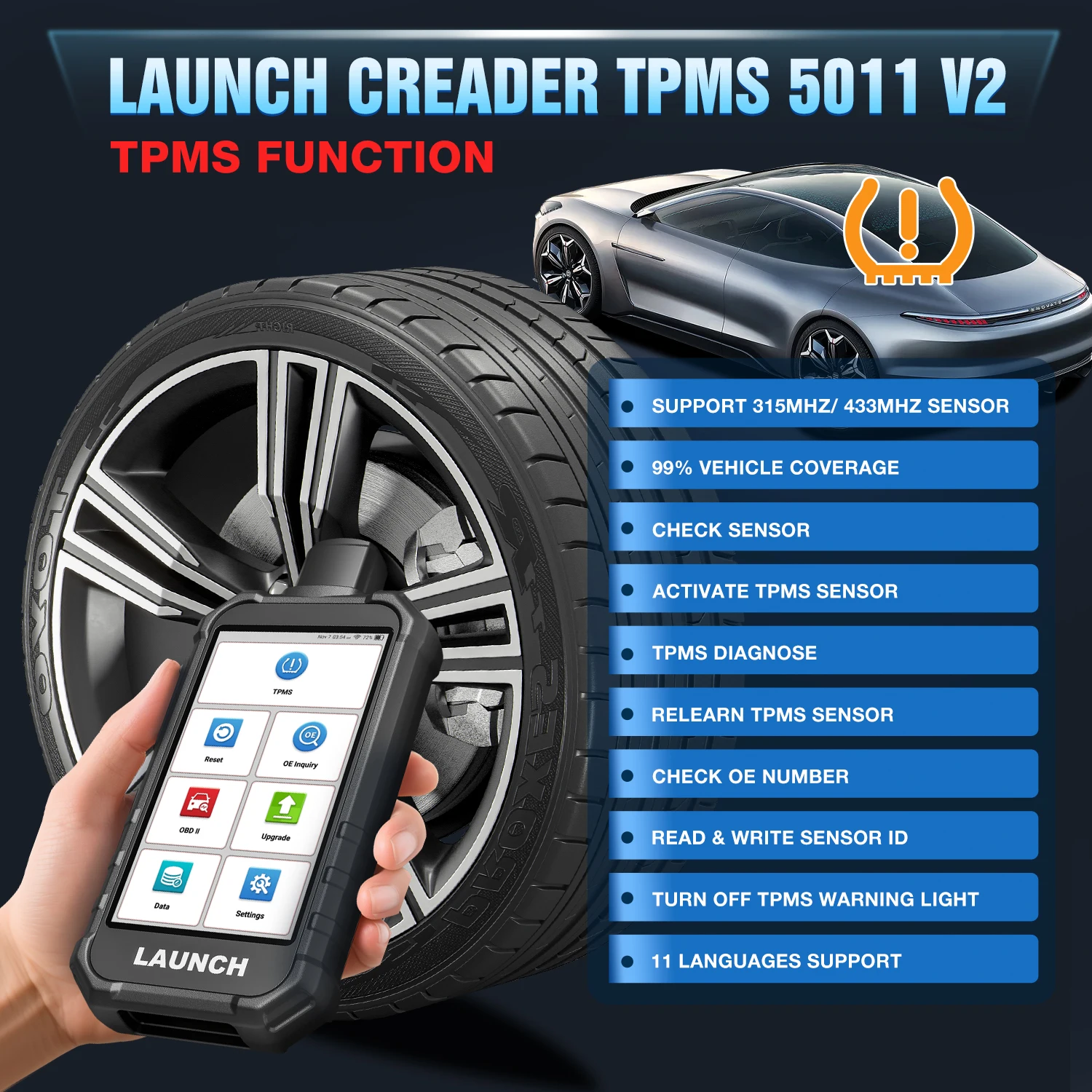 LAUNCH X431 5011 V2 TPMS-Tool OBD2 12 Reset-Funktionen WLAN aktivieren 315/433 MHz Sensoren Reifendruck-Diagnosetool vs. CRT5011E