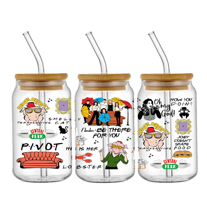 Pegatinas de transferencia de amigos, impermeables, UV, DTF, taza, pegatina envolvente, DIY, calcomanía 3D para vidrio Libbey de 16oz