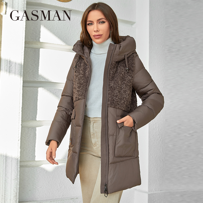 Gasman einfarbige Mode Damen Parka Mantel Stehkragen kurze Slim Fit lässige Kapuze warme Plüsch Daunen jacken