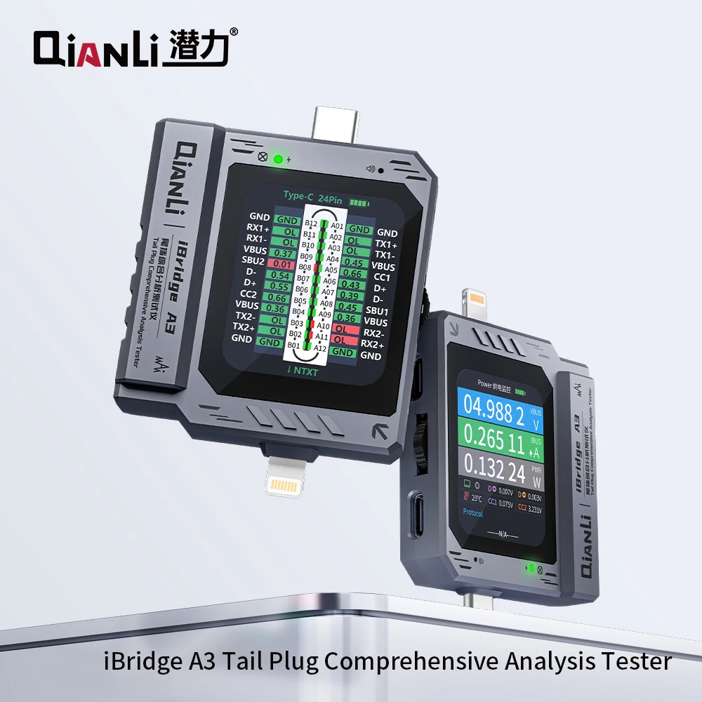Qianli iBridge A3 enchufe trasero probador de análisis integral detección de voltaje de corriente tipo C relámpago para teléfono IPhone Samsung HW