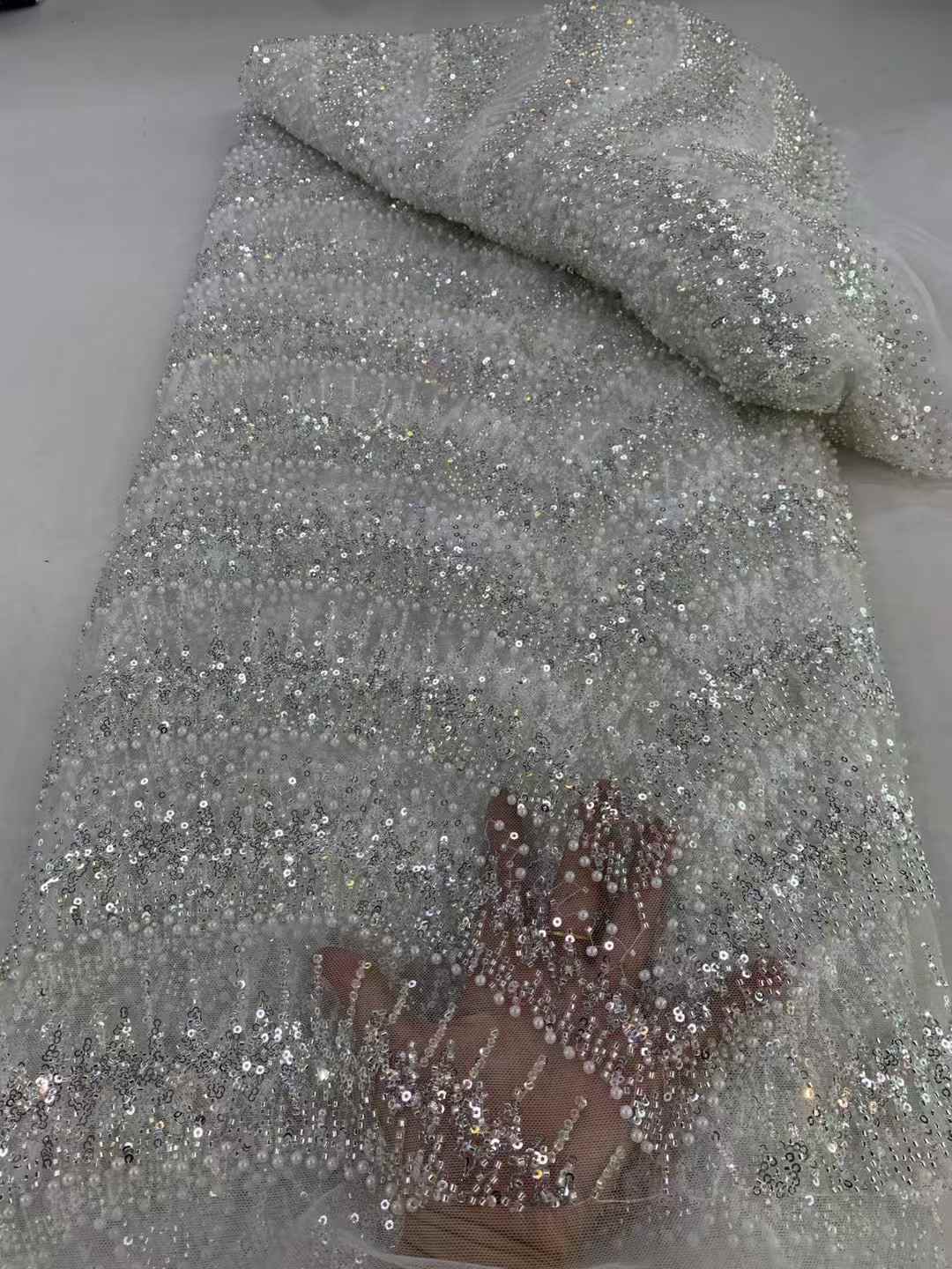 ผ้าลูกไม้ปักเลื่อมงานแฮนด์เมดสุดหรู5หลาผ้าลูกไม้ตาข่ายโปร่งฝรั่งเศสสำหรับชุดแต่งงาน