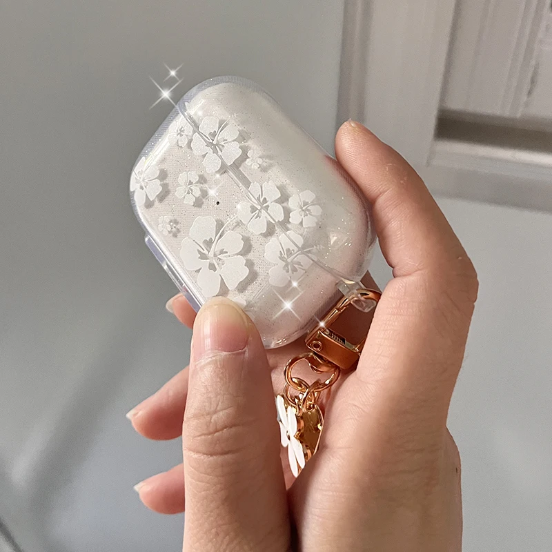 Clearance_Fashion Weiche Silikonhülle für AirPods 3 Pro 2. Niedliche klare weiße Blumen-Anhänger-Kopfhörerhülle für Apple AirPod Pro 2