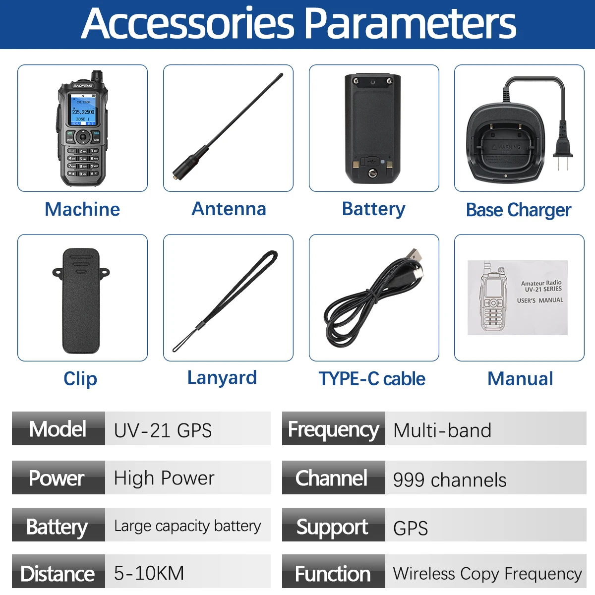 Baofeng UV-21 GPS Walkie Talkie Long Range Mutli-Band Wireless Copy Frequency Typ-C Ladegerät Upgrade UV-17 PRO GPS für Wandern