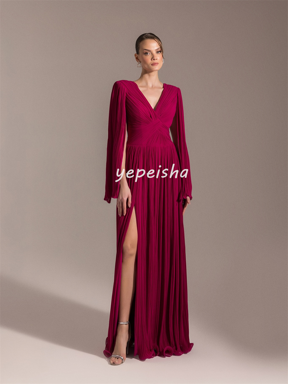 Personalizado requintado retro chiffon cruzado drapeado plissado a linha com decote em v vestidos longos sob medida vestidos de ocasião moda elegante