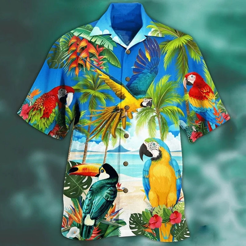 Camisas informales para hombre, camisas con estampado 3d de loro, camisa hawaiana a la moda para hombre, blusas de playa, blusa de manga corta, camisa con solapa de vocación para niño