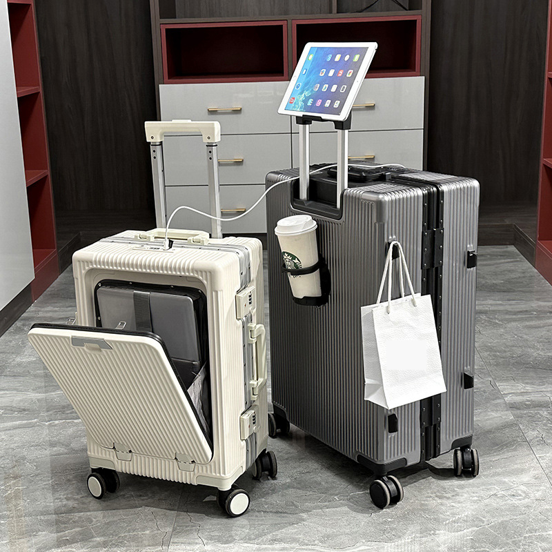多機能フロントオープニングリッドトロリーケース、男性用ビジネストラベルケース、TSAロック、アルミニウムフレーム、20インチキャリア、24インチ