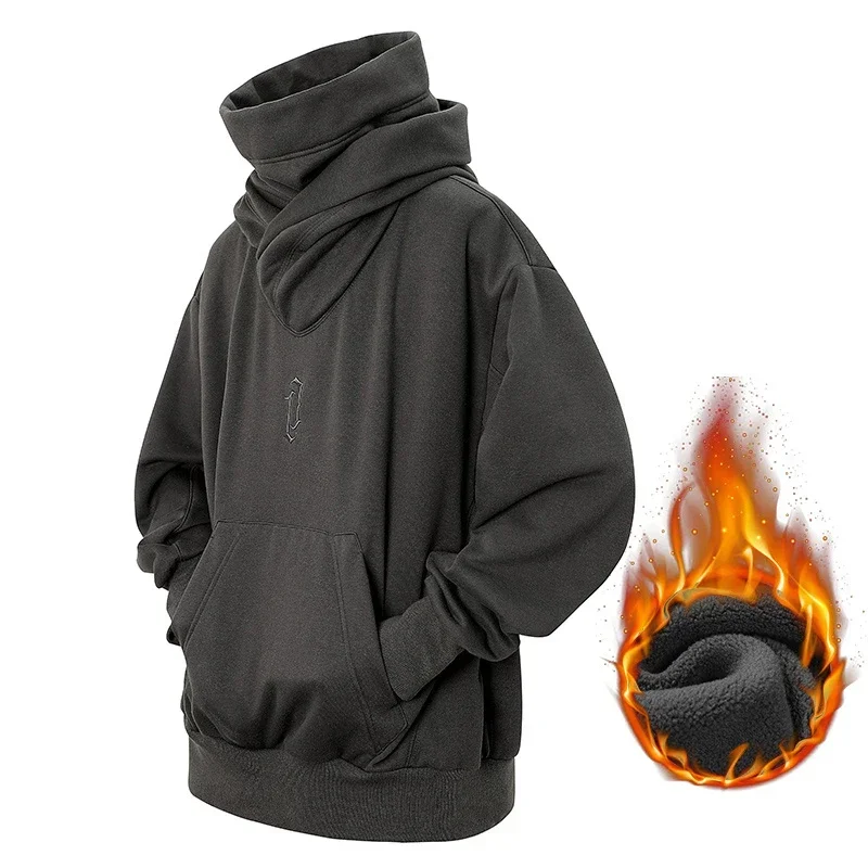 Sudadera con capucha de cuello alto con bordado de otoño para hombre, sudaderas con capucha de gran tamaño de Ninja japonés, ropa informal con bolsillo de lana de Hip Hop, Sudadera con capucha Y2K