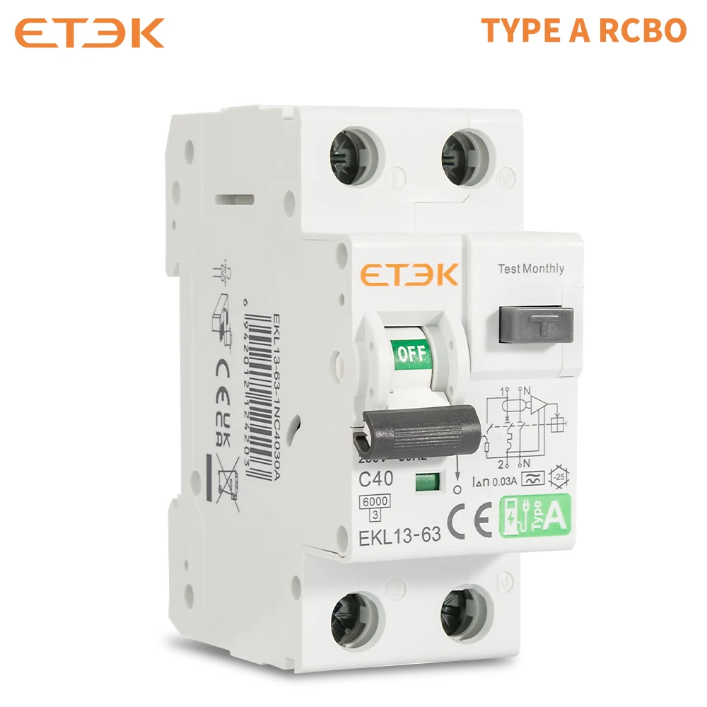ETEK RCBO Автоматический выключатель остаточного тока низкого напряжения типа A 30 мА 2P (1P + N) Защита от утечки короткого тока RCD EKL13