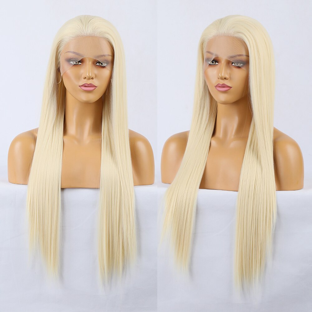 Peruca frontal de renda sintética para mulheres, cabelos lisos longos, cabelo de bebê, resistente ao calor, cosplay de festa, preto, loiro